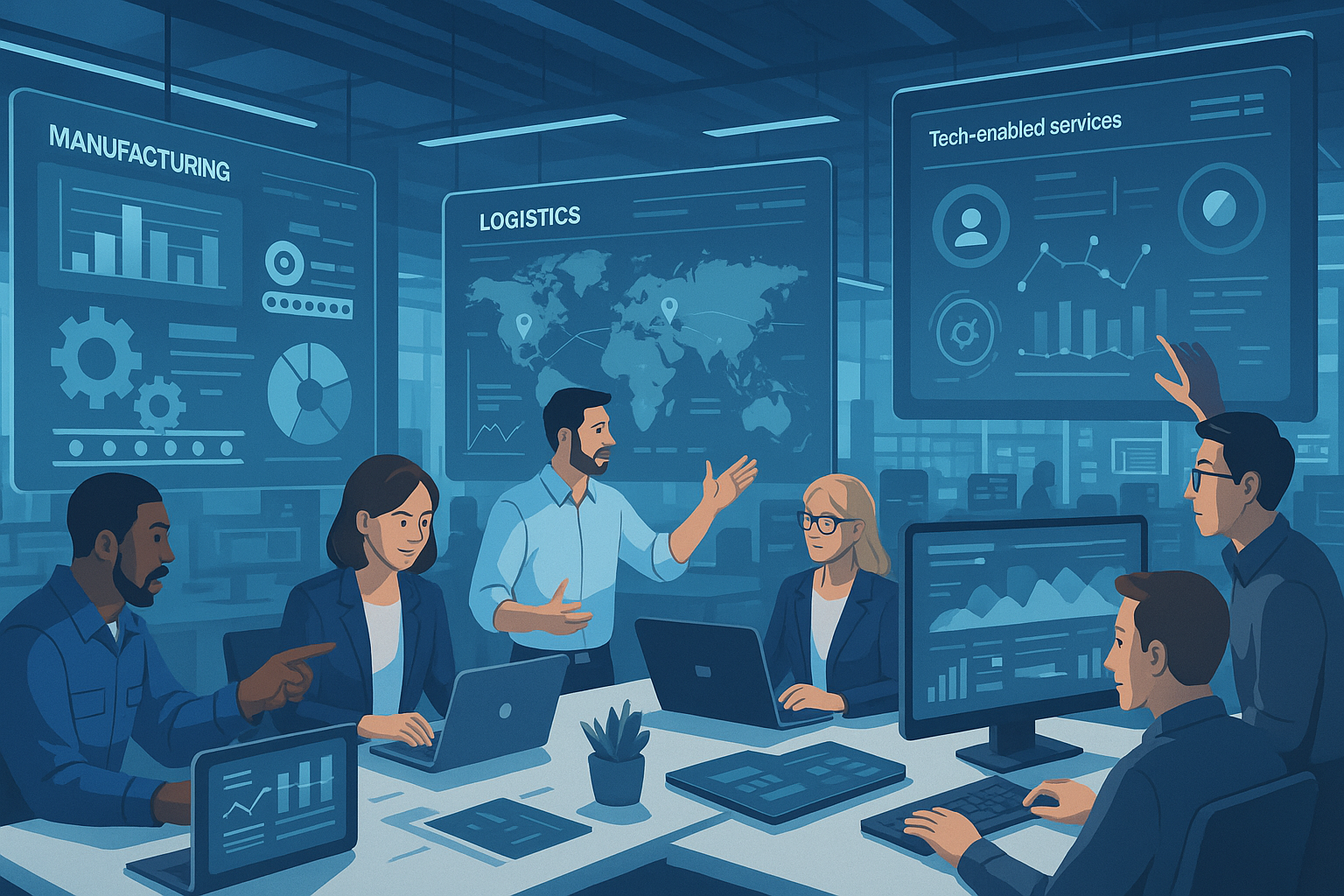 Teams from multiple industries collaborating with digital tech dashboards and operational data, demonstrating how technology enables operational leverage and growth discipline. No em dashes.